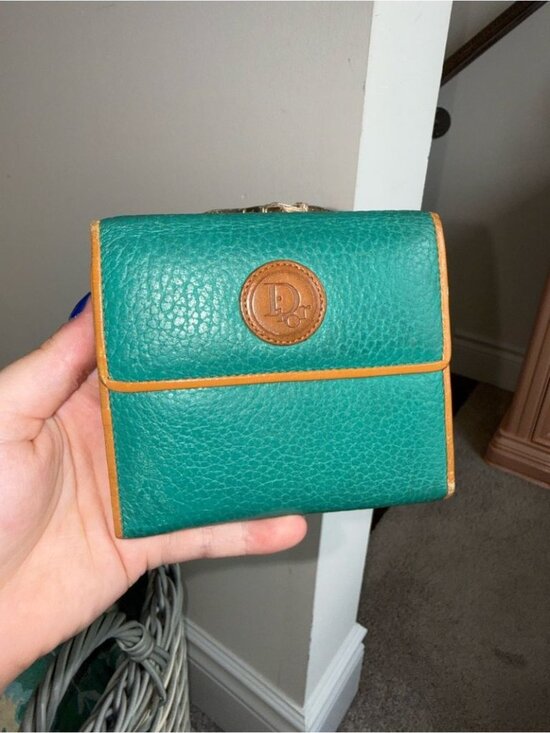 Dior Handbags - Dior Vintage Green Pebbled Leather Wallet with Tan Trim